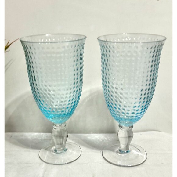 Textured Turquoise Blue Hobnail Glass Goblets Set Of 2 With Clear Stems - Picture 1 of 5